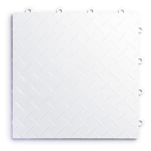 Big Floors RaceDeck Garage Floor Tiles, Interlocking Garage Flooring, Diamond Plate Pattern Heavy-Duty Copolymer Modular Tile (White, 24 Pack of 12 x 12" Tiles, 24 Sq Ft) - color: White, size: 24 Pack