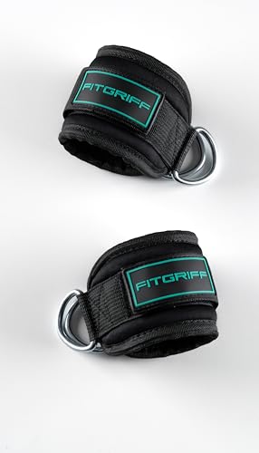 Fitgriff® Ankle Straps V3 for Cable Machine (2 Pieces) - Gym Workout Equipment - Leg Pulley Attachment, Kickback Straps - color: Black/Cyan