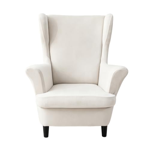 NILUOH Thick Velvet Wingback Chair Slipcovers 2-Piece, Stretch Wing Chair Covers Soft Sofa Slipcover Wing Back Armchair Cover Furniture Protector for Living Room - color: Ivory White