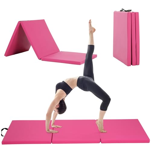 BLKMTY Gymnastics Mats - 2'x6' Folding Exercise & Yoga Mat with Carrying Handles for Kids' Tumbling & Home Gym - color: Pink