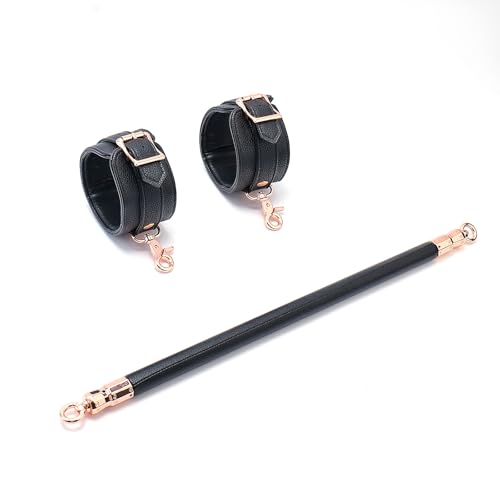 Spreader Bar Wooden Black PU Bar Home Gym with 2pcs Furry Black Adjustable Straps,Sports Aid Training Fitness Gear Pilates Aid Kit,Indoor Yoga Set - style: Black-Gold+Black Overlap Kit