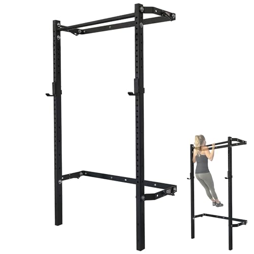 PRx Performance Murphy Foldable Squat Rack with Space-Saving Pull-Up Bar - Wall-Mounted Gym Equipment, Includes J-Cups for Barbell, Ideal for Strength Training, Bench Press and Leg Squats - color: Straight Pull-Up Bar