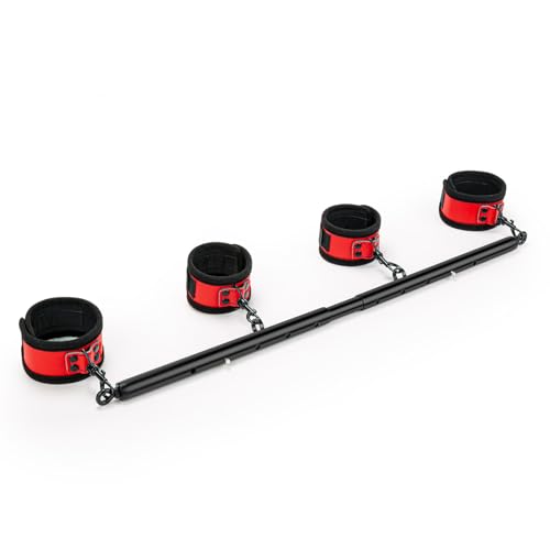 3 in 1 Heavy Duty Stainless Steel Expandable Spreader Bar with 4pcs PU Rose-Gold Adjustable Straps,Workout Bar for Home Gym Training Bar,Portable Detachable Pilates Kit - style: Black+Black-Red Furry Kit