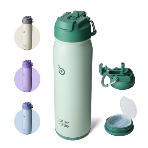 BOTTLE BOTTLE 24oz Insulated Water Bottle Stainless Steel Sport Water Bottle with Straw and Adjustable Lid Daily Pill Organizer - color: green