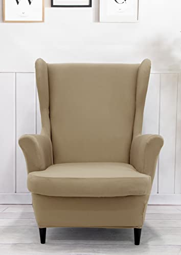 NILUOH Wingback Chair Cover 2-Piece Soft Stretch Wing Chair Slipcover Solid Color Armchair Sofa Couch Cover Furniture Protector with Elastic Bottom for Living Room Bedroom (Khaki) - color: Khaki