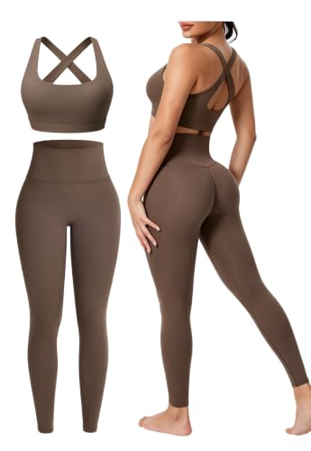 Workout Sets for Women 2 Piece Seamless High-Waisted Leggings & Cross Back Padded Sports Bra for Yoga Pilates - color: Khaki, size: Large