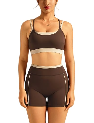 Double Layer Workout Sets for Women 2 Piece Matching Gym Set High Waist Shorts with Pockets Sports Bra Yoga Pilates Outfits - color: Brown, size: Small