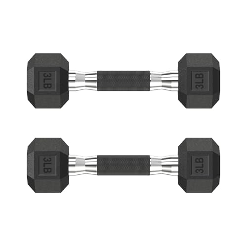 HANDBODE Rubber Encased Hex Dumbbell Pair, 2.5-65 lb | Non-Slip Handle Design for Secure & Comfortable Grip, Hand Weights for Strength Training, Fitness & Home Gym - size: 3 lb, Pair, style: Comfort Grip