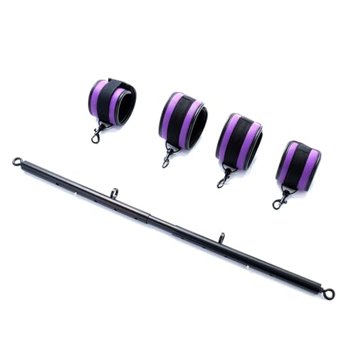 3 in 1 Heavy Duty Stainless Steel Expandable Spreader Bar with 4pcs PU Rose-Gold Adjustable Straps,Workout Bar for Home Gym Training Bar,Portable Detachable Pilates Kit - style: Black+Purple PU Kit