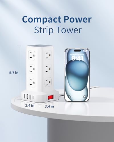 Extension Cord with Multiple Outlets, SMALLRT Flat Plug Power Strip Tower with USB 12 AC Outlets, 6.5FT Ultra Thin Extension Cord Outlet Extender for Home Office, Overload Protection - color: White, size: 6.5 Ft without wireless charging