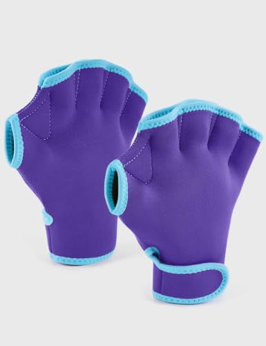 FitsT4 Sports Aqua Gloves Webbed Paddle Swim Gloves Fitness Water Aerobics - color: Purple/Teal, size: Large