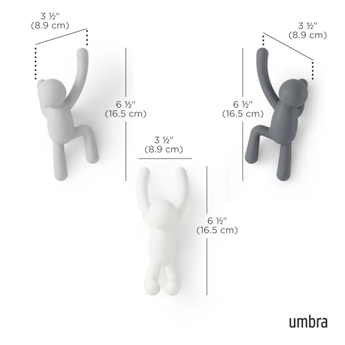 Umbra Buddy Wall Hooks, Decorative Wall Mount Coat Hooks, Set of 3, Grey | Easy install with hardware, holds 5lbs per hook, entryway bedroom bathroom dorm, playful hanging storage, recycled plastic - color: Gray