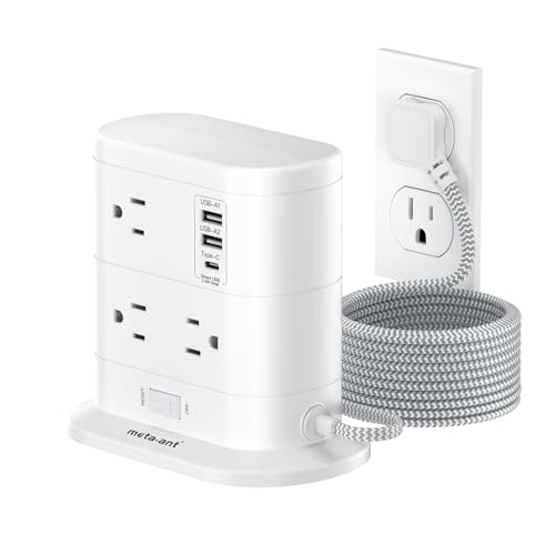 10 in 1 Surge Protector Power Strip Tower - 5Ft Flat Plug Extension Cord with 7 Outlets 3 USB Ports (1 USB C), Desk Power Strips with Surge Protection for Home Office Supplies Dorm Room Essentials