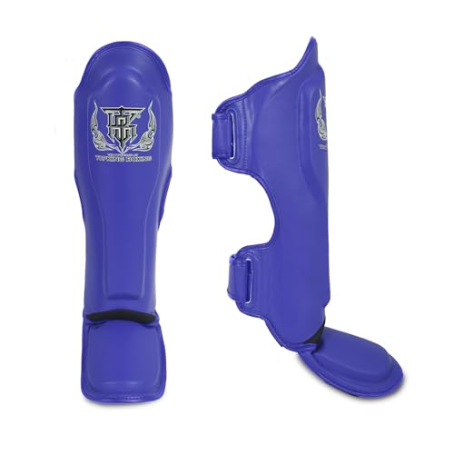 Top King New Pro Leather Shin Guards for Muay Thai - color: Blue, size: Medium