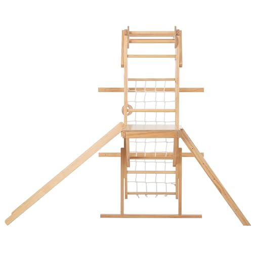 Avenlur Grove 8-in-1 Indoor Jungle Gym with Gymnastic Rings, Climbing Rope, Swing, Slide, Monkey Bars, Rope Wall Net, and Wooden and Rope Ladder - Jungle Play Set for Kids Ages 2-11 Years Old - color: Natural Wood