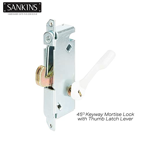 Mortise Lock with White Latch Lever, Adjustable Spring-Loaded Hook Latch Projection for Sliding Patio Doors, 45 Degree Angle Keyway, Fits 3-11/16” Hole Spacing, Round-End Faceplate - color: White, size: Mortise Lock+Latch Lever