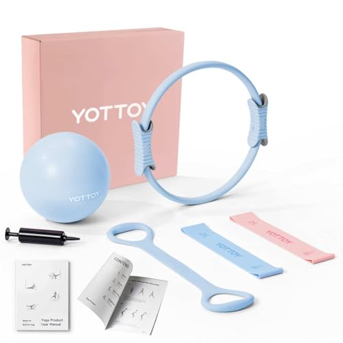 YOTTOY Pilates Ring and Ball Set, Figure 8 Resistance Bands, Stretch Bands&Guide,Pilates Equipment Set for Beginners for Home Workouts Core Strength, Yoga, Physical Therapy & Rehab - color: Blue, size: 13.5 Inch