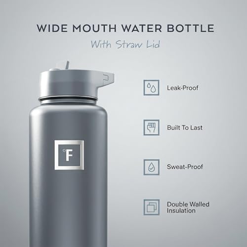 IRON °FLASK 40 oz Wide Mouth Water Bottle with Straw | Insulated Stainless Steel Sports Water Bottle with Leakproof Straw Lid - BPA Free, Cold 24 Hrs, Sweat Free (Graphite) - color: Graphite, style: Straw - 40 Oz (1 Lid)