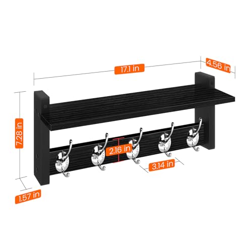 Homode Wall Coat Rack With Shelf, Wood Entryway Hanger With Hooks, Small Floating Pegs for Hanging Coats, Hats, Purses, Backpacks, Black - color: Black, size: 17.1 Inch Long