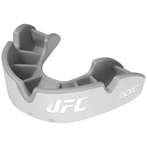 OPRO Silver Level UFC Moldable Mouth Guard Essential Fit (White/Silver) Adult & Kids Boxing Mouthguard for MMA & Impact Sports, Self-Fit Mouth Guard for Sports, Football, Hockey - Includes Case - color: Ufc - White/Silver, size: Adult (Age 10+)