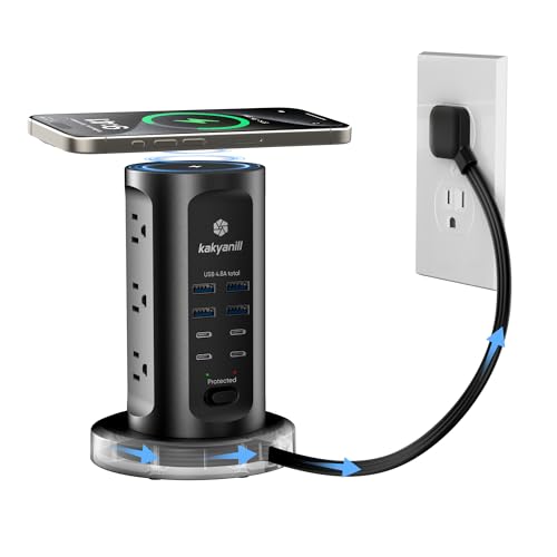 Kakyanill 30W USB Charging Station, Power Strip Tower with 9 AC 8 USB | 6Ft Flat Plug Retractable Extension Cord, for Home Office Dorm, Black - color: Black&Grey