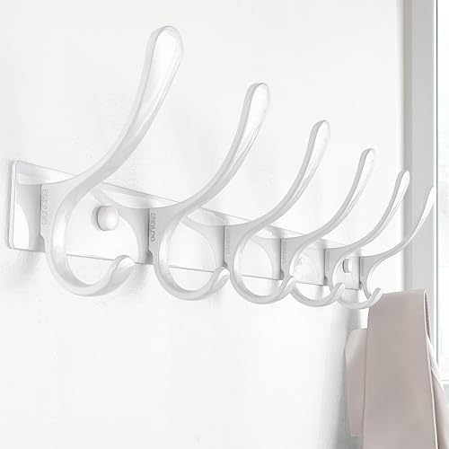 SKOLOO Heavy Duty Wall Mounted Coat Rack - 6 Hooks, Stainless Steel, Pack of 2, Sturdy Coat Hooks for Hanging Clothes, Jacket, Hat, White - color: White, size: 6 Hook(2 Pack)