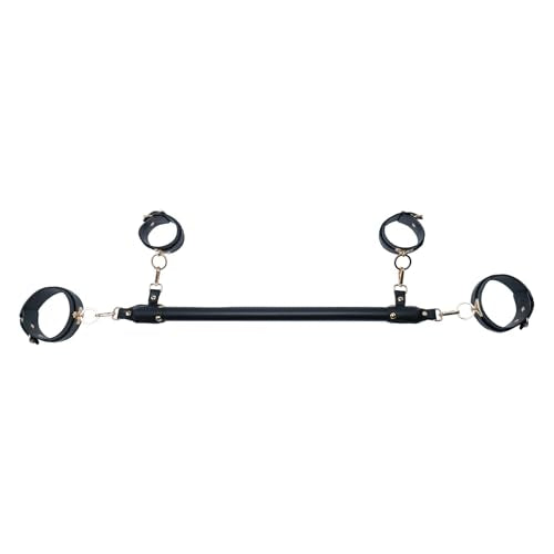 Wooden PU Spreader Bar with 4pcs PU Adjustable Straps,Workout Bar for Home Gym Training Bar,Portable Detachable Pilates Kit - style: Embossed Black+Black Kit