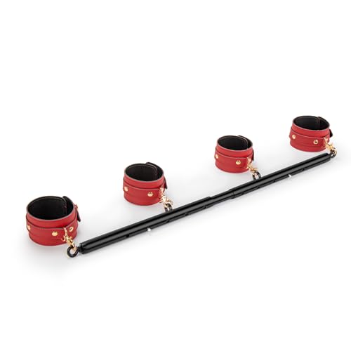 3 in 1 Heavy Duty Stainless Steel Expandable Spreader Bar with 4pcs PU Rose-Gold Adjustable Straps,Workout Bar for Home Gym Training Bar,Portable Detachable Pilates Kit - style: Black+Red PU Kit