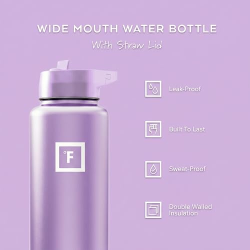 IRON °FLASK 40 oz Wide Mouth Water Bottle with Straw | Insulated Stainless Steel Sports Water Bottle with Leakproof Straw Lid - BPA Free, Cold 24 Hrs, Sweat Free (Lavender) - color: Lavender, style: Straw - 40 Oz (1 Lid)