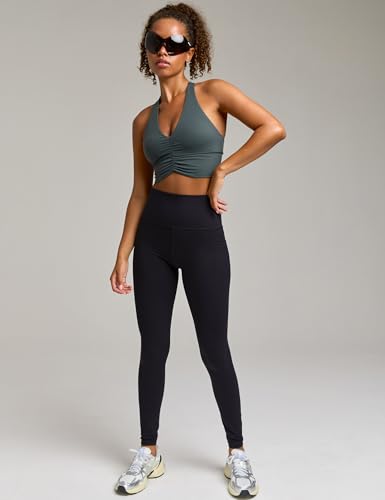Women's Serene Scrunch Longline Sports Bra V Neck Padded Yoga Tank Wide Straps Cross Back Crop Tops - color: Charcoal Green, size: XX-Small