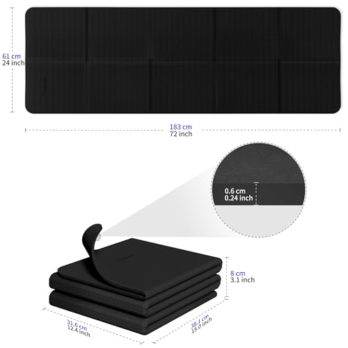 Readaeer Foldable Yoga Mat for Travel Folding Yoga Mat 6mm Thick with Carrying Bag, Non-Slip TPE Exercise Pilates Mat for 72" L x 24" W x 0.24 Inch | TPE Exercise Mat With Carrying Bag for Home Workout, Yoga, Pilates, Stretching - color: Black