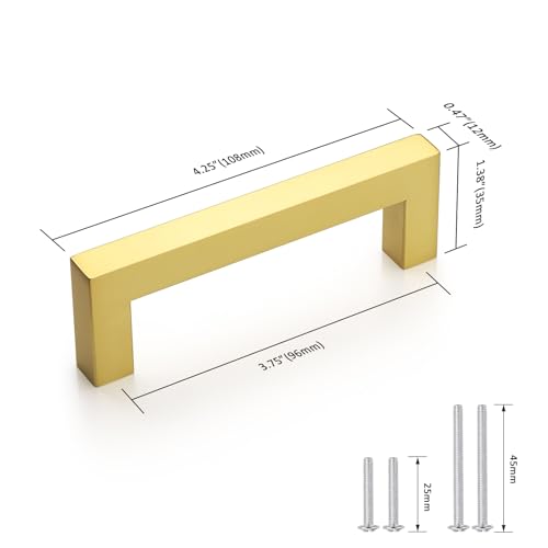 Probrico 5 Pack Square Gold Kitchen Cabinet Pulls 3-3/4 Inch Stainless Steel Brushed Brass Cabinet Handles Square Corner Bar Polished Gold Dresser Drawer Pull Handles Total Length 4-1/4 Inch - color: Gold, size: Hole Center: 96mm(3.75inch)
