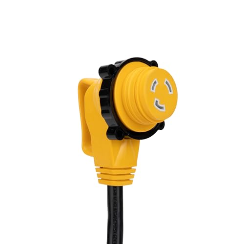 Camco PowerGrip 25-Ft 30 Amp RV Extension Cord w/90° Locking End - Features NEMA TT-30P Male & Marine-Style L5-30R Locking Female Connectors - Rated for 125V/3,750W - 100% Copper 10-Gauge Wire (55524) | 25 Ft Length, 30 Amp, 750W) Rating, Nema Tt-30p Male