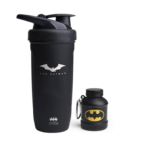 Smartshake DC Comic Bundle - Batman Protein Shaker Bottle – 900ml Leakproof Stainless Steel Water Shaker with 50g Protein Powder Storage Funnel