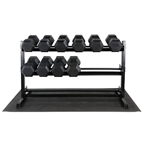 WF Athletic Supply Rubber Coated Hex Dumbbell Set, Multiple Choices Available - Dumbbells with Rack Stand and Mat, or Dumbbells Only (200/550/1200/2100/3000 LB) - color: i. 5 - 100LB w/ 3-tier BLUE Rack and Mat