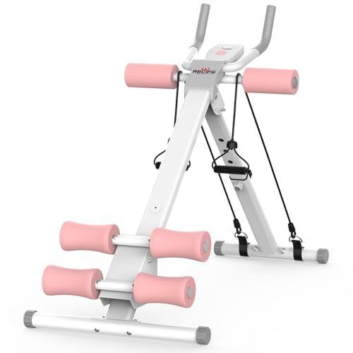 RELIFE REBUILD YOUR LIFE AB Workout Machine Adjustable Ab Trainer Machine Foldable Ab Cruncher Strength Training Equipment for Home Gym, Full Body Workout Equipment 440 LBS - color: Pink