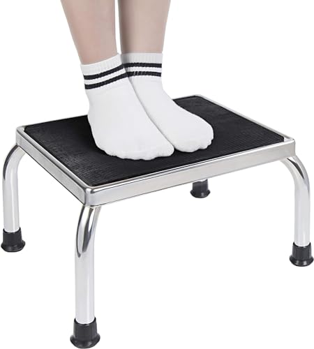 Vaunn Medical Foot Step Stool 350lbs Heavy-Duty Welded Steel Legs, Fully Welded Single Construction Frame, Anti-Skid Rubber Platform - color: Chrome Without Handle