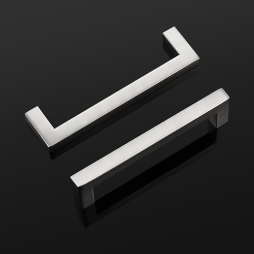 Probrico 5 Pack Hole Centers 4inch Brushed Satin Nickel Cabinet Handles,Stainless Steel Kitchen Drawer Pulls,Square Corner Bar Dresser Pull Handle 4.5inch Length - color: Brushed Nickel, size: Hole Center: 102mm(4inch)