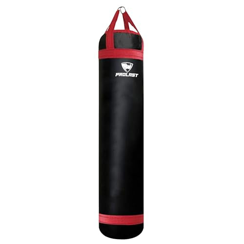 Heavy Punching Kicking Bag for Adults, Boxing, MMA, Martial Arts, Muay Thai, Strength Training Equipment, Filled, 5ft, 100 lbs, Colored Strap and Rhino Logo - color: Red / Black, size: Unfilled