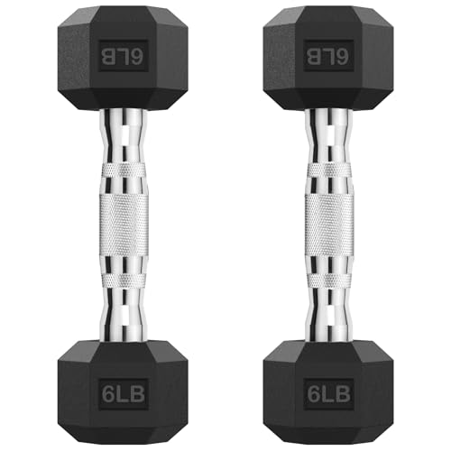 HANDBODE Hex Dumbbell Set of 2, Rubber Encased Fixed Dumbbells, 2.5-65 lb | Non-Slip Comfortable Handles, Hand Weights for Strength Training, Ideal for Home Gym Workouts - size: 6 lb, Pair, style: Chrome Handle
