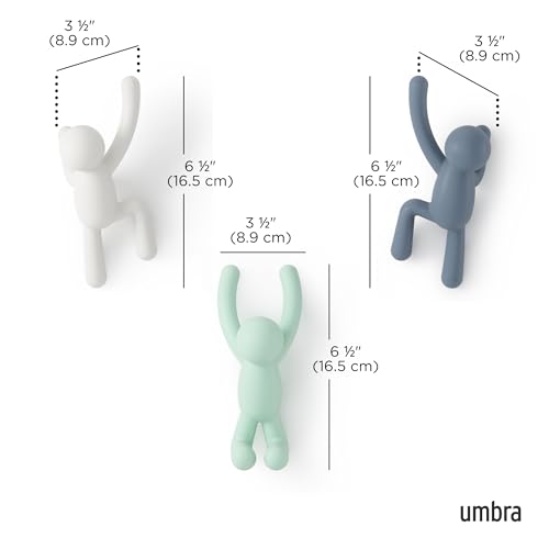 Umbra Buddy Wall Hooks, Wall Mount Coat Hooks, Set of 3, White/Mint/Blue | Easy install with hardware, holds 5lbs per hook, entryway bedroom bathroom dorm, playful hanging storage, recycled plastic - color: White/Mint/Blue