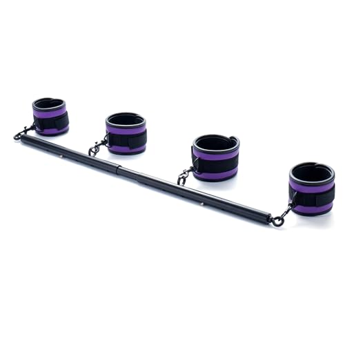 3 in 1 Heavy Duty Stainless Steel Expandable Spreader Bar with 4pcs PU Rose-Gold Adjustable Straps,Workout Bar for Home Gym Training Bar,Portable Detachable Pilates Kit - style: Black+Purple PU Kit