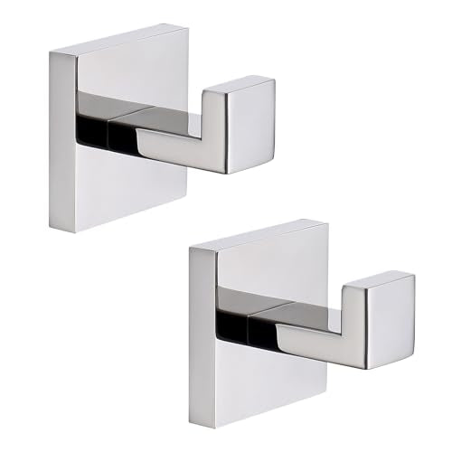 TASTOS Bath Towel Hooks Premium Stainless Steel Robe Coat and Clothes Hook, Heavy Duty Square Wall Mounted Modern Hook for Bathroom & Kitchen, Polished Chrome Finish, 2Pack - color: Polished Chrome, size: Square (2 Pack)