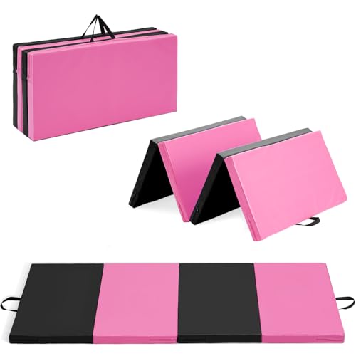 Gymnastics Mat, 3'x6'/4'x6' Thick Folding Kids' Gymnastic Tumbling Mat with Carrying Handles for Home Gym Exercise & Play - color: 3x6FT-Pink&Black