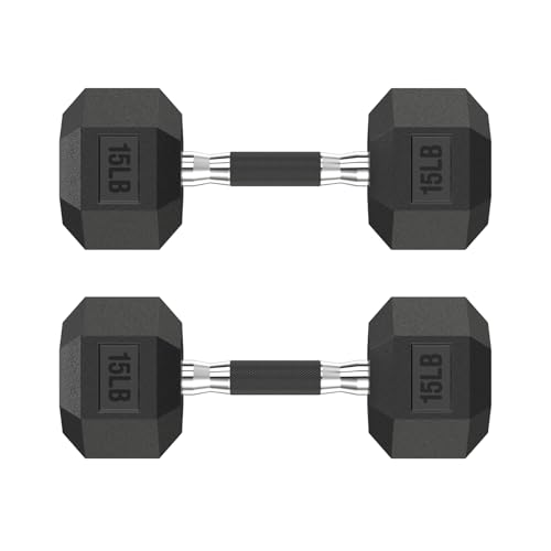 HANDBODE Rubber Encased Hex Dumbbell Pair, 2.5-65 lb | Non-Slip Handle Design for Secure & Comfortable Grip, Hand Weights for Strength Training, Fitness & Home Gym - size: 15 lb, Pair, style: Comfort Grip