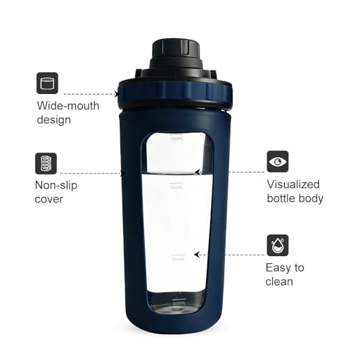 26oz Glass Protein Shaker Bottle, Stainless Steel Mixing Ball & Silicone Sleeve, Odorless, Leak-Proof, BPA-Free, Ideal for Smoothies & Workout Drinks (Steel Blue) - color: Steel Blue