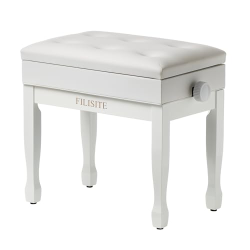 Adjustable Height Piano Bench Stool PU Leather Cushion Wooden Keyboard Seat with Music Storage (White) - color: White