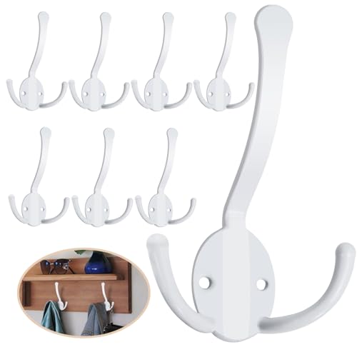 Homanu 8 Pack Coat Hooks Heavy Duty, Metal Three Prongs Large Coat Hooks Wall Mounted with 16 Screws, No Rust White Rustic Wall Hooks for Hanging Towel, Coat, Scarf, Bag, Hat, Cup, Key - color: 8 Pcs White