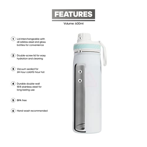 adidas Stainless Steel Metal Water Bottle 20 oz (600 mL) Screw Cap - color: White/Orchid Fusion Purple/Semi Flash Aqua Blue