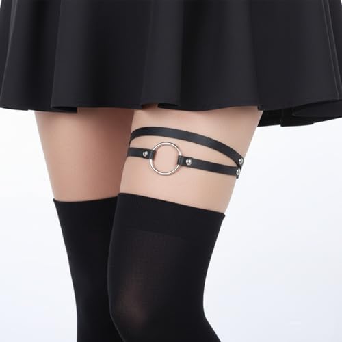 2Pcs PU Leather Women's Gothic, Elastic Punk Thigh Straps for Ladies, Double Straps Heart O Ring Leg Thigh Elastic Garter Belt, Black